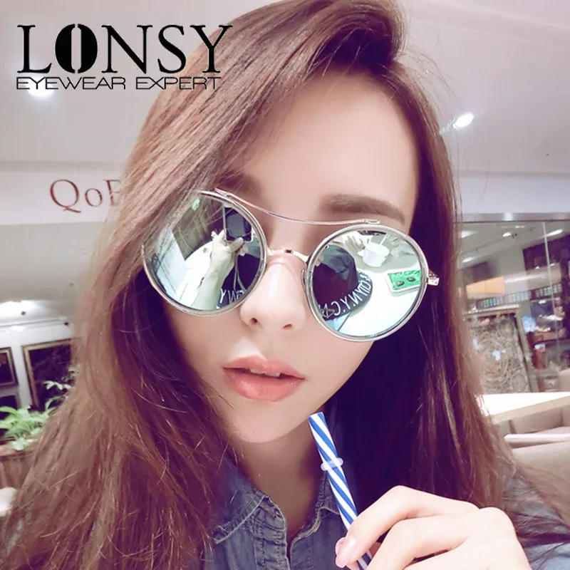 

LONSY Vintage Big Round Sunglasses Mirror 2019 Brand high Women Sunglasses Metal Glasses Female oculos de sol feminino 041