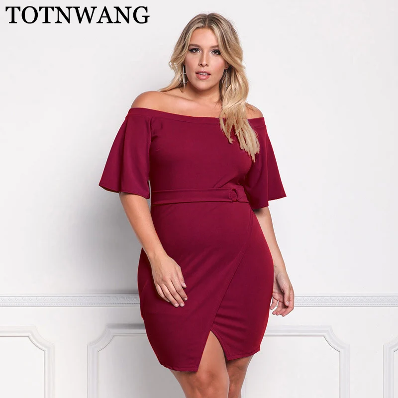 TOTNWANG 2017 Women Plus Size Off Shoulder Flare Sleeve Party Dress Sexy Split Irregular Dress Bodycon Big Size Pencil Dress WT81