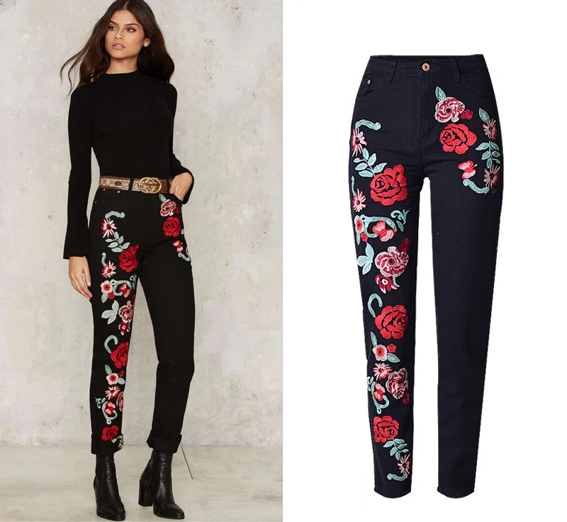 Sokotoo женские красные цветочные вышитые черные джинсы 3D цветные розовые вышитые свободные прямые джинсовые брюки