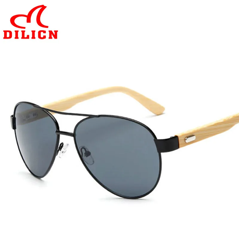DILICN Brand Designer Black Aviator Bamboo Sunglasses Men Women Classic Pilot Bamboo Sun Glasses Retro Pesca