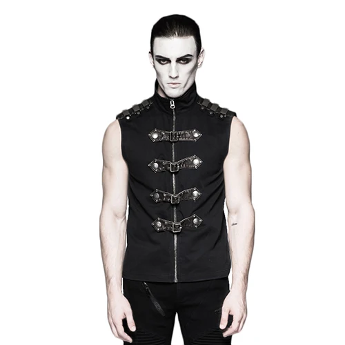 Gothic Punk Shirt Men Summer Sleeveless Zipper Design Black Rock Cotton