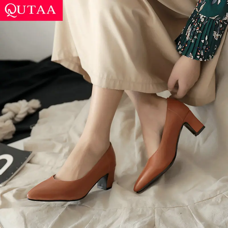 

QUTAA 2020 Women Pumps Fashion Women Square High Heel Pointed Toe Women Shoes Casual Platform Slip on Ladies Pumps Size 34-43