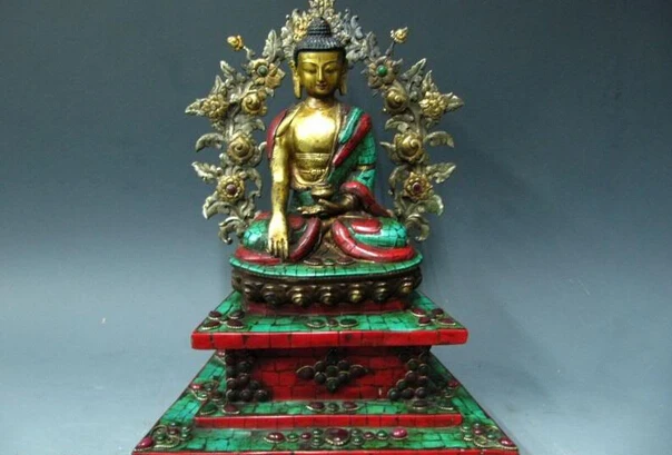 

S0885 Tibet Pure Bronze 24K Gild inlay turquoise Red coral ruby beryl Sakyamuni Buddha D0318