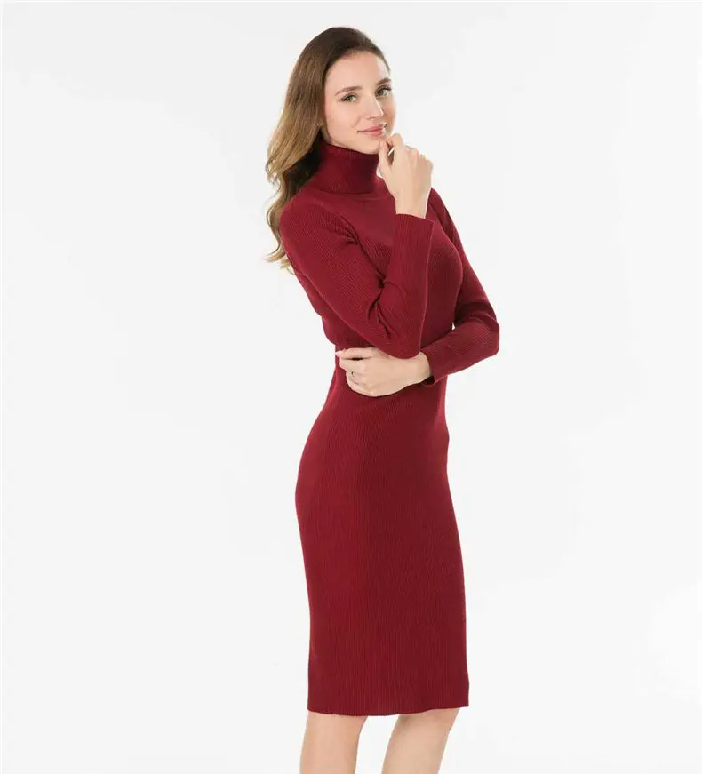 Women Dress 2019 Autumn Sweater Dress Cotton Rib Knit Slim Stretched Winter Turtleneck Sexy Lady Bodycon Robe Dresses Vestidos 12