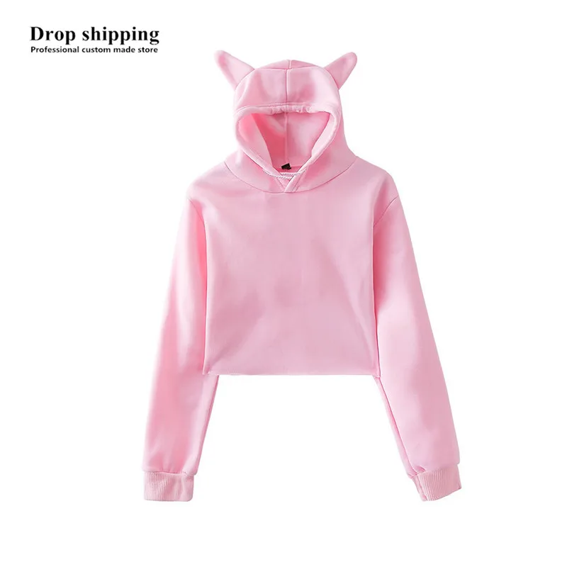 Drop Shipping Women/ Girls Crop Top Hoodies Grils Cat ears Pullovers Hooded Sweatshirts Shorts Tops Accept Custom made Logo DIY