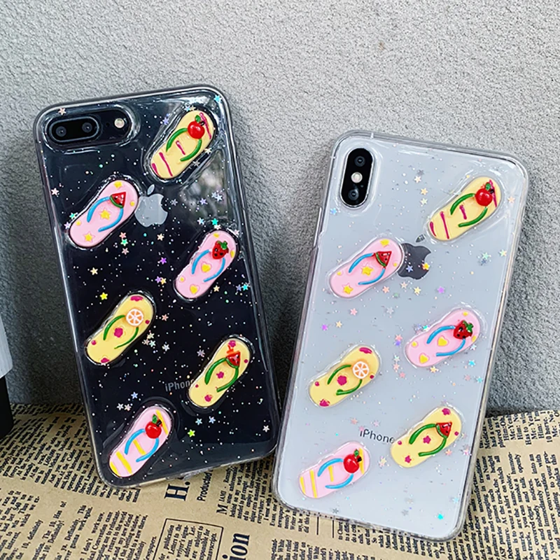 

Funny 3D Slippers Phone Case for iPhone XS Max XR X 10 7 8 Plus Transparent Glitter Expoxy Stars Cover For iPhone 6 6s Plus Case