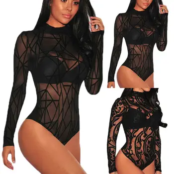 Women Sexy Sheer Mesh Lace Jumpsuit Long Sleeve Top Turtleneck Bodysuit USA 1