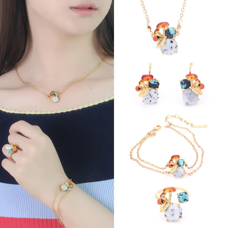 

Dyxytwe Fashion Cute Flower Mushroom Necklace Earrings Ring Bracelet For Women Brand Party Jewelry