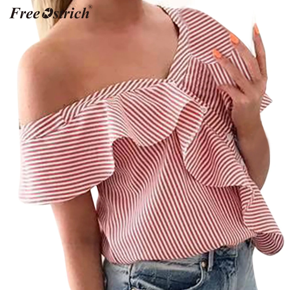 Летние женские модные повседневные топы с открытыми плечами, милые гофрированные Блузы с коротким рукавом и пуговицами, сексуальные рубашки в полоску N30