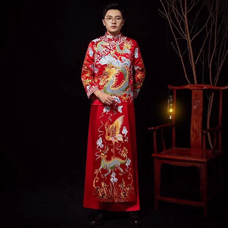 Красный Азиатский Жених Свадебный костюм традиционная вышивка дракон китайская мужская одежда Tang винтажная древняя Мужская Свадебная одежда - Цвет: Красный