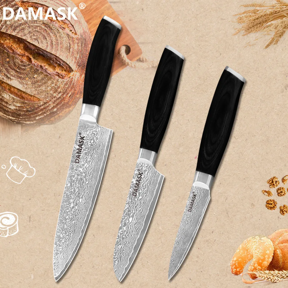 

Damask Damascus Knife Set 3 Pieces Kitchen Cooking Knives Set Chef Santoku Paring Knife 67 Layer VG10 Japan Damascus Cutlery