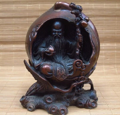 

bi003618 Chinese Buddhism Red Bronze Crane Peach longevity God Buddha Statue