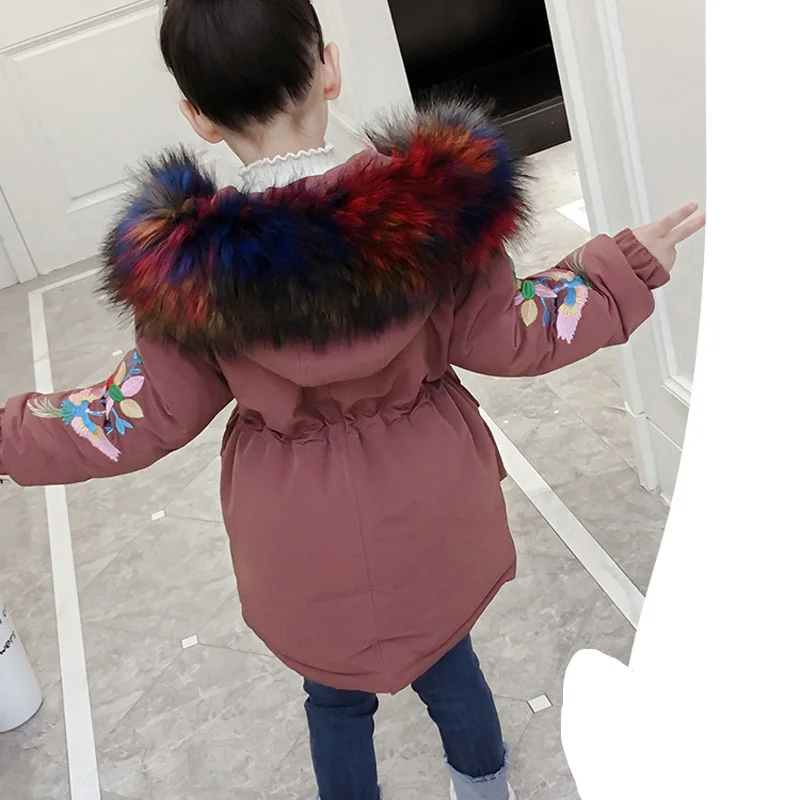 Новая зимняя куртка-парка для девочек детское пальто на молнии с капюшоном для девочек стеганая куртка детская верхняя одежда с вышивкой RT253 - Цвет: jiao tangse