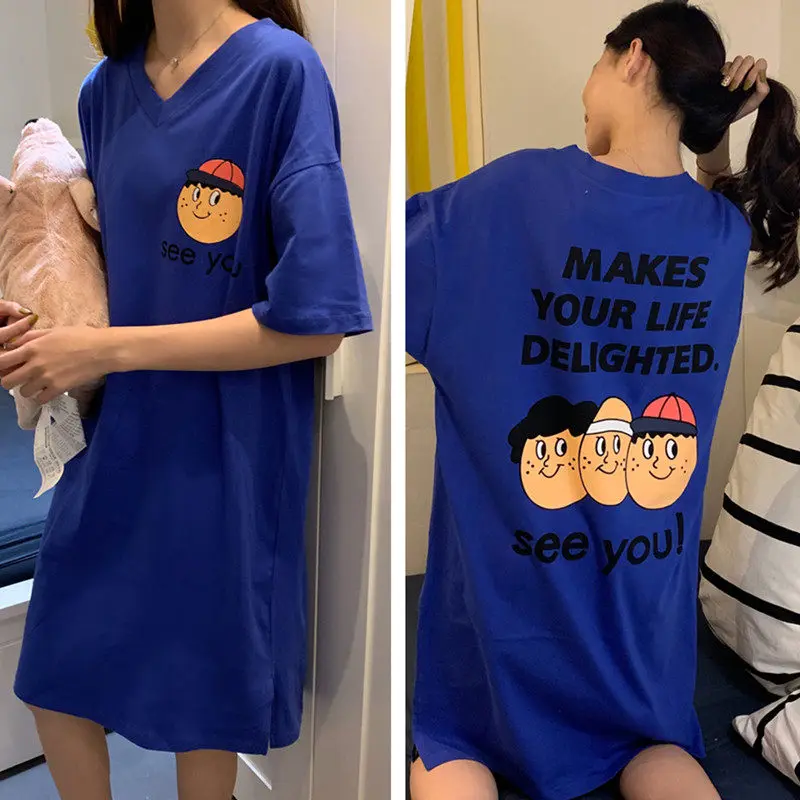 

Summer Short Sleeve Cotton Nightdress Loose Korean Fashion Personality Tide Sleep Tops Women Summer Cute Long Tshirt Dress f638