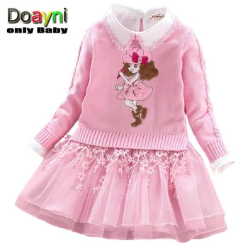 

Doayni Baby Girls Knitted Clothing Dress Sets Cartoon Fashion Girls Knitted Sweater+Lace Mesh Dress Kids Clothing Sets 3-7Y
