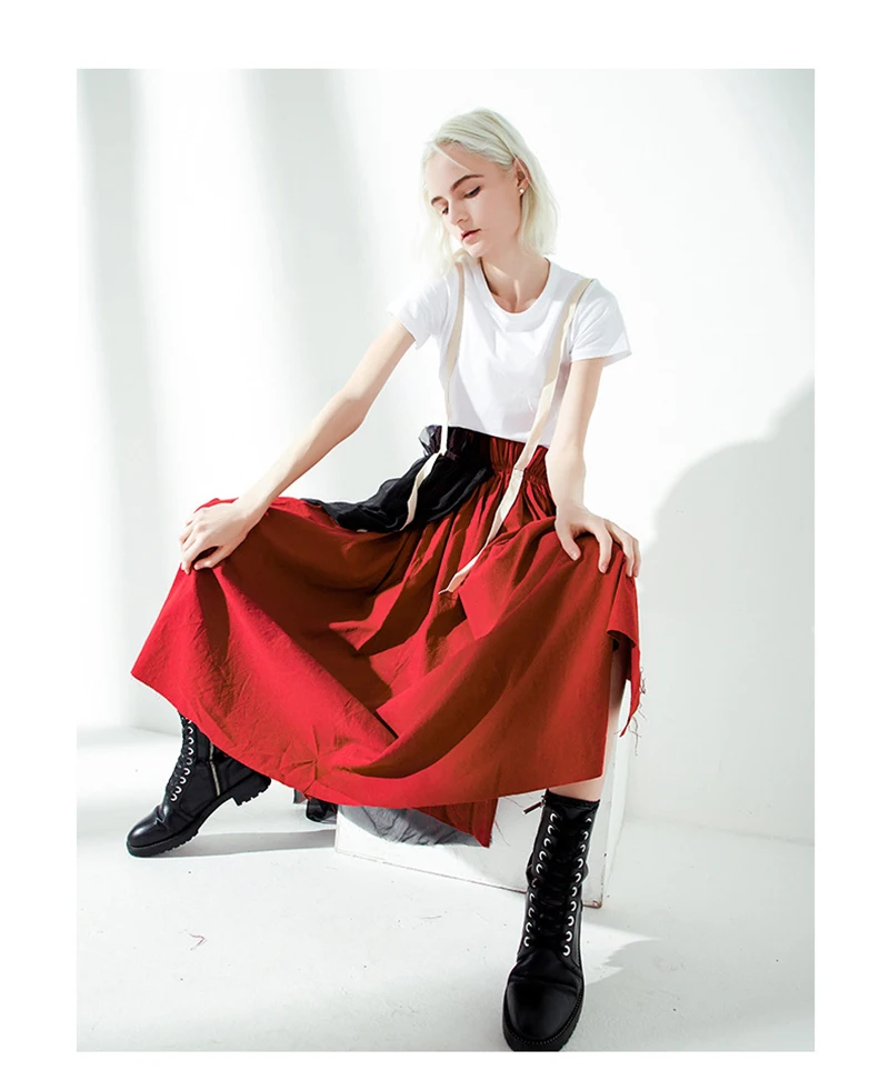 [EAM] New Spring Summer High Elastic Waist Hit Color Wine Red Mesh Stitch Strap Half-body Skirt Women Fashion Tide JU731