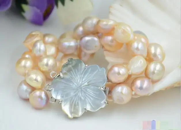 

Hot selling free shipping******** lustre 3row 8" 15mm PINK LAVENDER BAROQUE freshwater cultured pearl bracel