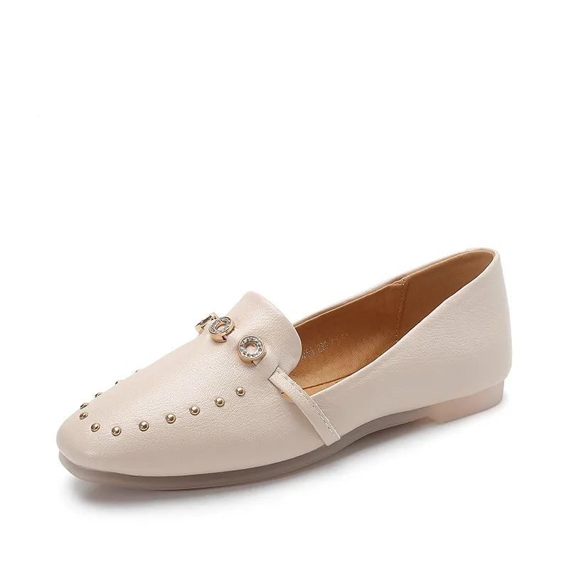 

Girls Genuine Leather Shoes Women's Shoes 2019 Spring New Retro Square Head Rivet Shoes Flat shoes