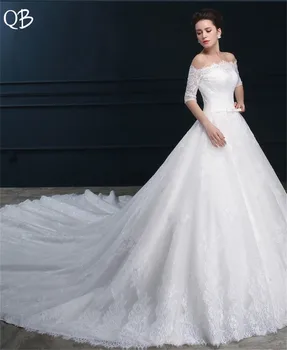 

Custom Made Ball Gown Half Sleeve Long Train Tulle Lace Wedding Dresses Long Formal Elegant Luxury 2019 Bridal Gowns DW76