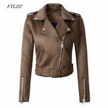 FTLZZ Женская куртка из искусственной замши, пальто, мотоциклетная куртка на молнии, отложной воротник, искусственная кожа, пальто, женская черная короткая куртка в стиле панк