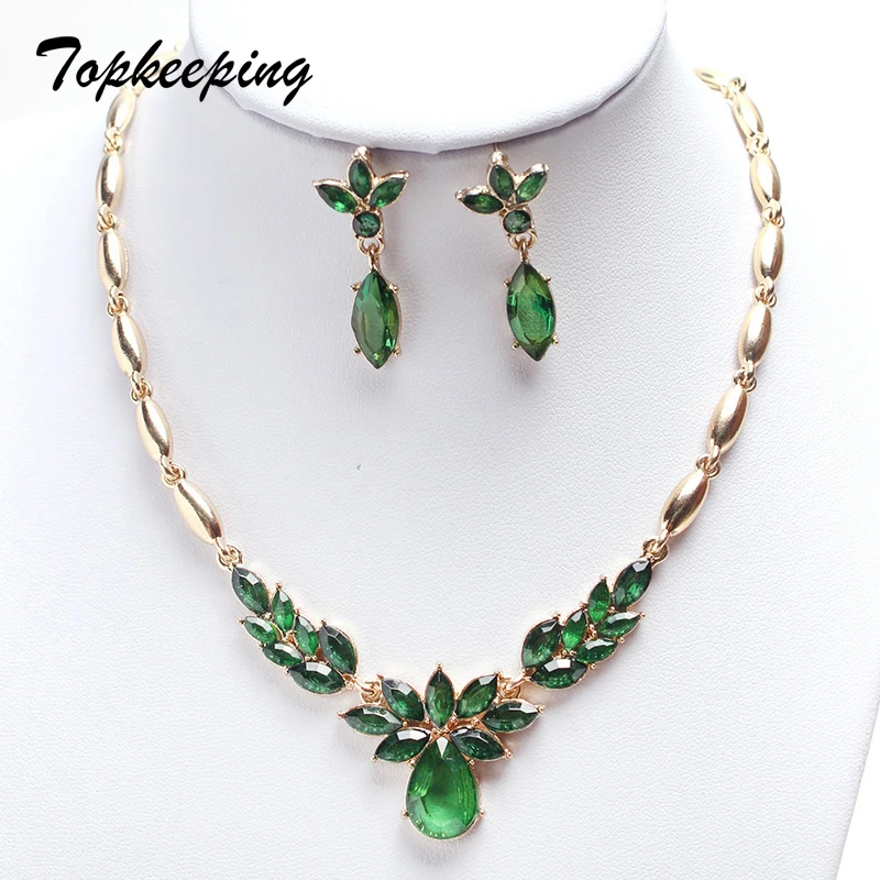 

Topkeeping Brand Women Fashion Jewelry Resin Leaf Shape Water Drop Pendant Choker Girls Rhinestone Earrings Necklace Jewelry Set