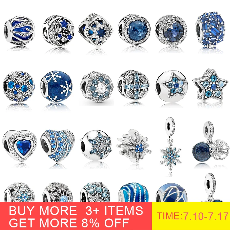 

925 Sterling Silver Blue CZ Charms Multi Style Heart Snowflake Pendant Beads Fit Pandora Original Charm Bracelets Jewelry