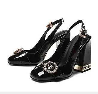 

BONJEAN Fashion Crystal Embellished Thick Heels Woman Sandals Round Toe Slingback Sexy Party Wedding Shoes Leather High Heels
