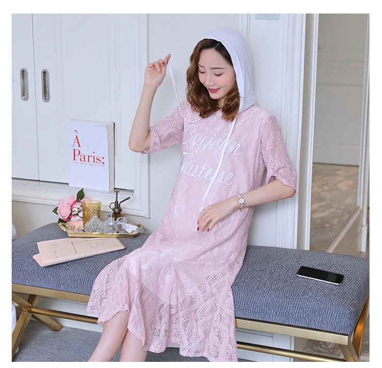 2019 новая Корейская кружевная длинная юбка с короткими рукавами темпераментное свободное платье с капюшоном и вышивкой для беременных