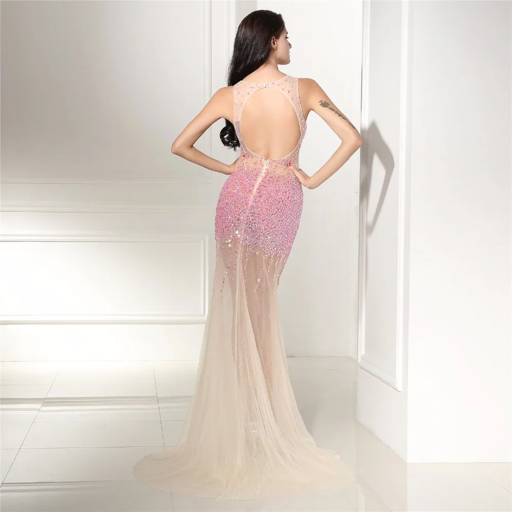 Роскошные бисер Русалка Вечерние платья Длинные vestido de festa Глубокий V средства ухода за кожей Шеи открытой спиной Формальные Вечерние Пром