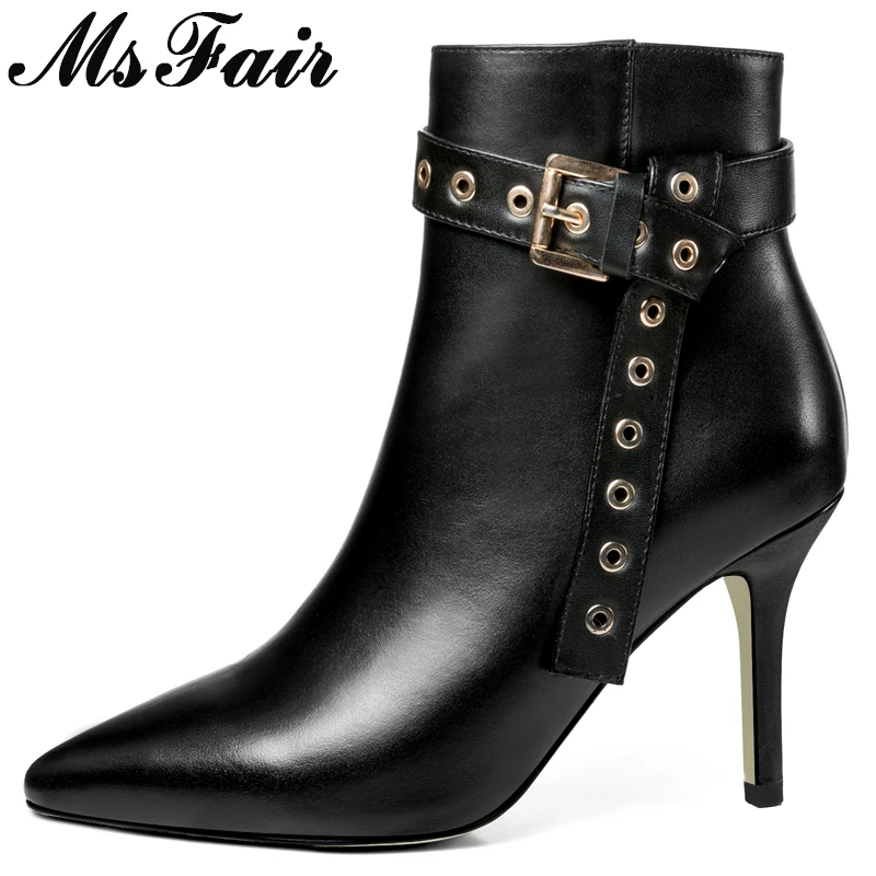 

MsFair Pointed Toe Stiletto heel Women Boots Genuine Leather Zipper Ankle Boots Women Shoes Elegant Black Boots Shoes Woman 2018