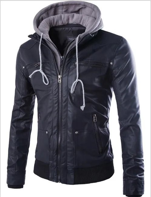 Men's Hooded Detachable Fake Two Men's Motorcycle Leather Jacket Mens Clothing Streetwear Men Jackets Bomber Jacket Clothes 2018