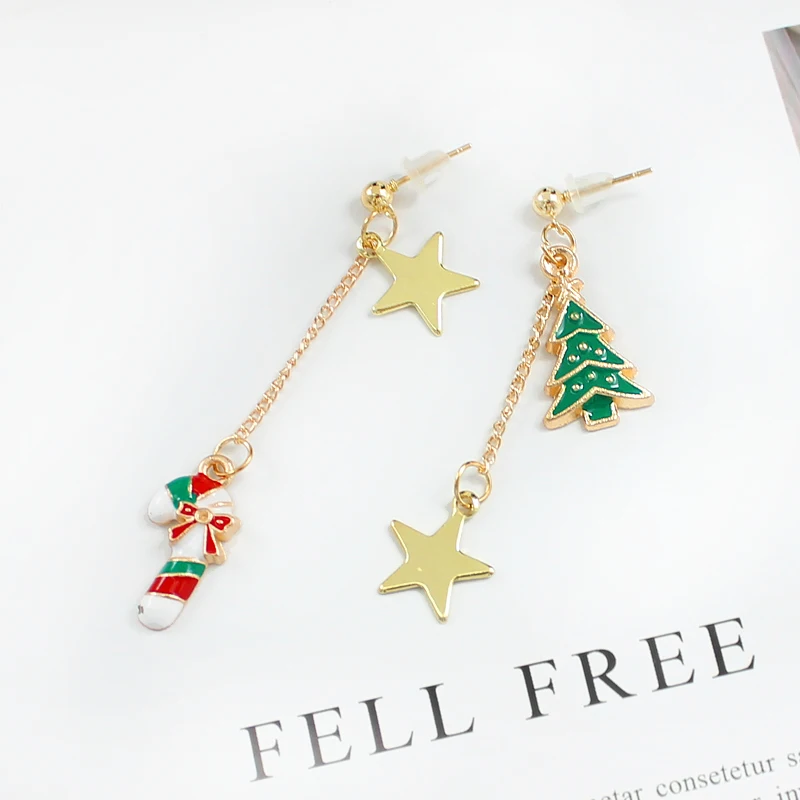 

Christmas tree Christmas cane five-pointed star connection long pendant earrings New Winter Christmas Collection Jewelry