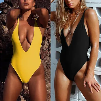 

Women One-Piece Suit Bodysuit Solid Color Sexy Deep V-neck Push Up Padded Swimsuit Summer Beach Holiday Black Pink Green Yellow
