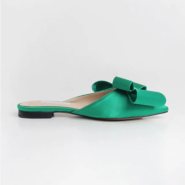 2018 spring and summer women's shoes Korean silk satin Pointed bow tie slippers Baotou flat heel sets semi slippers green(high 1.5cm)