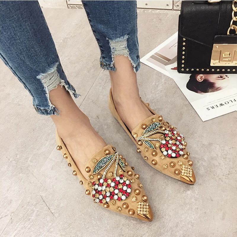 SWYIYV Woman Flats Shoes Rhinestone Cherry Spring New Female Metal Pointed Toe Casaul Shoes