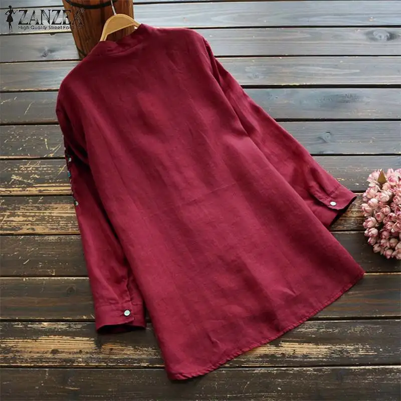ZANZEA Осенняя винтажная рубашка с вышивкой и длинным рукавом, женские повседневные Длинные Топы с пуговицами, хлопковые льняные блузки, женские свободные блузы