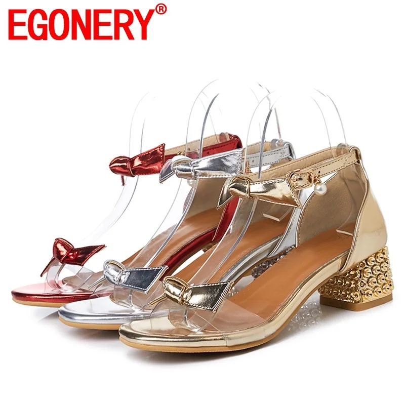 

EGONERY hot sale shoes woman summer new fashion open toe woman sandals outside mid heels bowtie buckle plus size ladies shoes