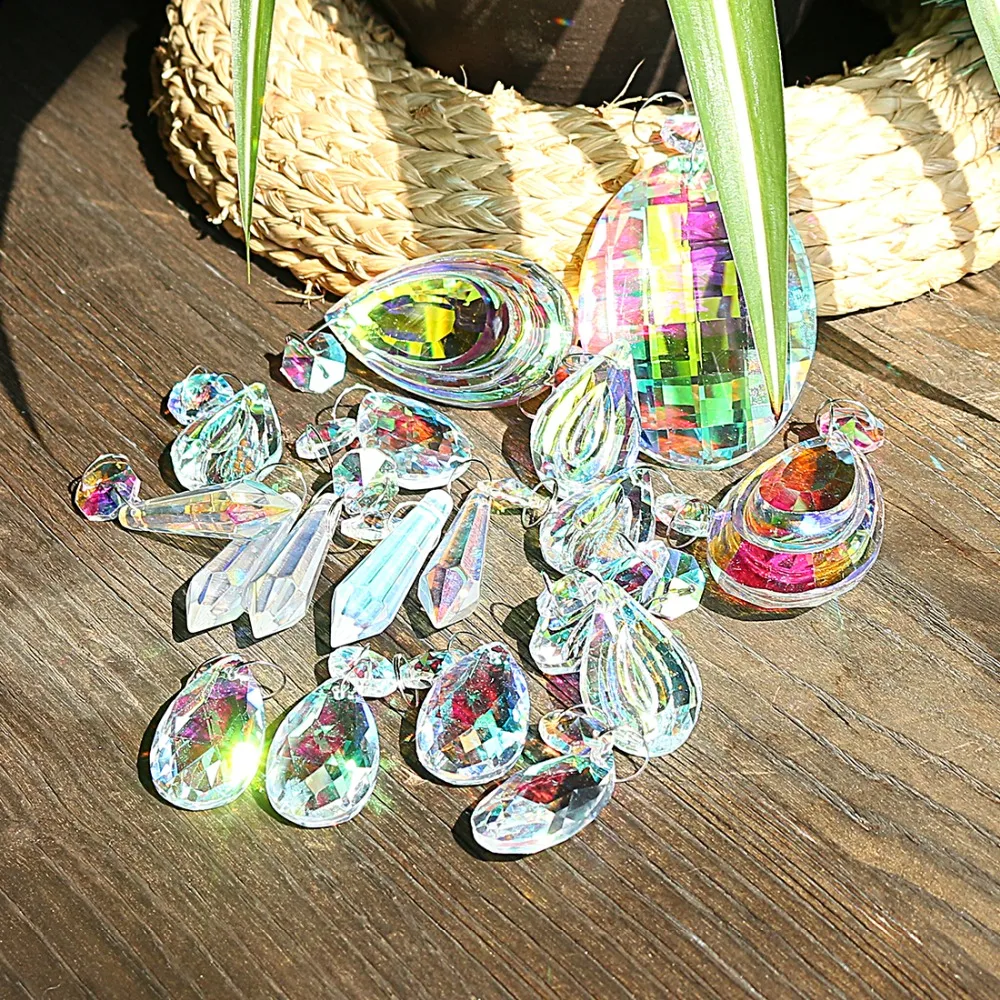 H&D 18pcs Colorful Lamp Prisms Parts with Octagon Bead Chandelier Glass Crystals Hanging Drops Pendants
