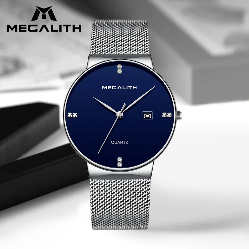 MEGALITH простой дизайн часы для мужчин водонепроницаемый, серебристый сталь сетки Бизнес наручные часы мужские спортивные аналоговые часы
