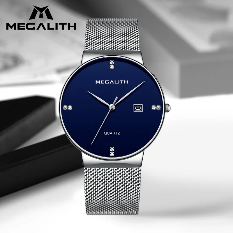 

MEGALITH Simple Design Watches For Men Waterproof Sliver Steel Mesh Business Wrist Watches Gents Sport Analogue Watches Male