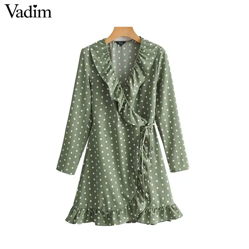 

Vadim women dots print V neck wrap dress long sleeve bow tie sashes ruffled collar mini dresses chic A line vestidos QC510