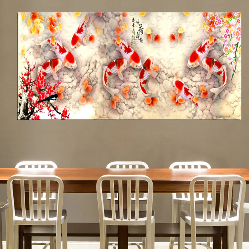 

Home Decor Print Chinese Abstract Nine Koi Fish Lotus Oil Painting on Canvas Poster Feng Shui Wall Art Picture For Living Room