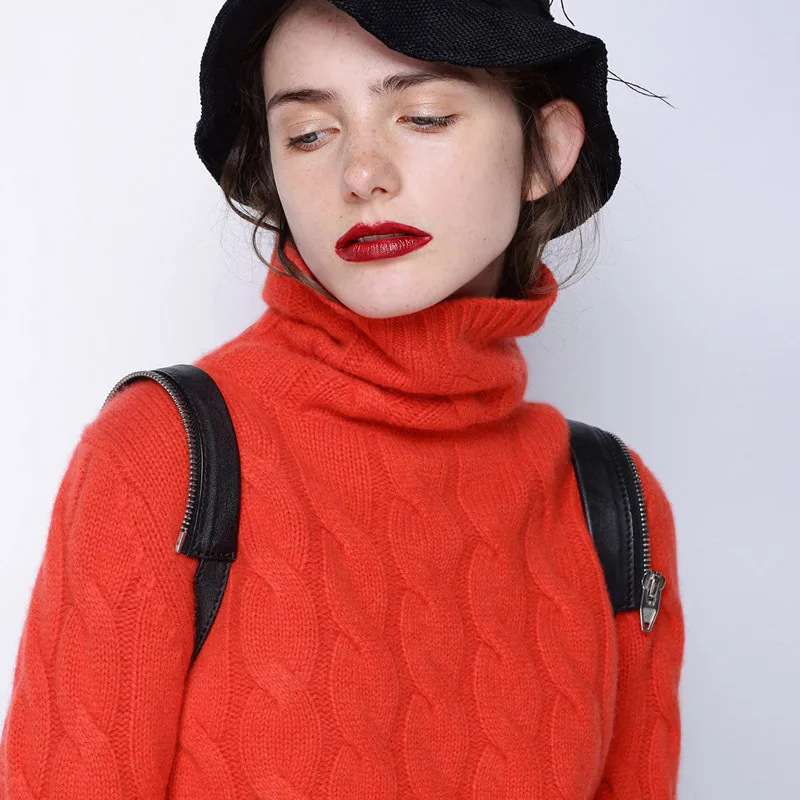 

2019 Autumn And Winter New Style Turtleneck Cable Cashmere Sweater Female Loose Thick Long Sleeve Sweater Pullover Solid Color