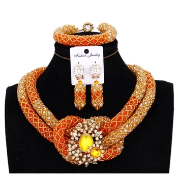 

Dubai Jewelry Set For Women In Nigerian Wedding Set Jewelry Gold Orange Bridal Necklace Set 2 Layers Fashion Jewellery Set New