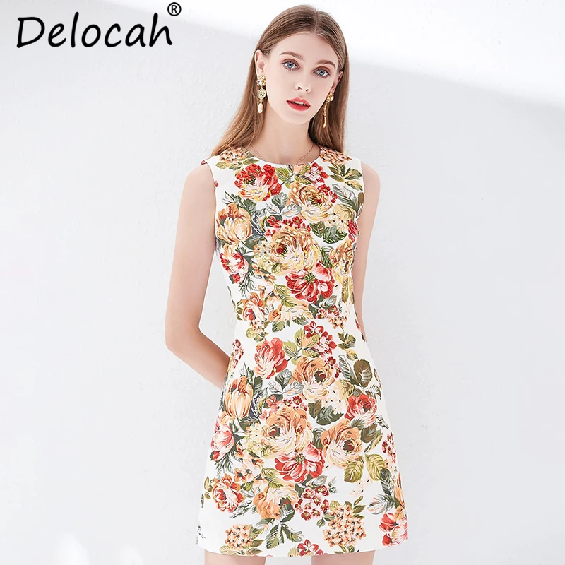 Delocah Women Spring Summer Dress Runway Fashion Designer Gorgeous Crystal Beading Floral Print Elegant Vintage Vacation Dresses