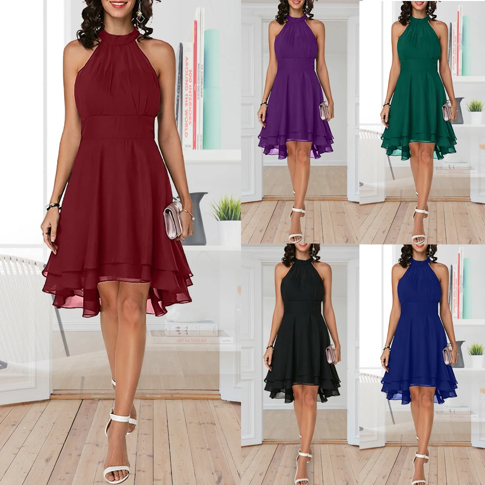 Kaufen Plus Größe Sommer Kleid 2019 Sexy Hohe Taille Einfarbig Cropped Layered Halfter Ärmellose Chiffon Party Beiläufige Dünne Kleid