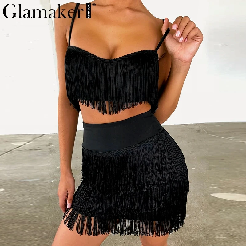 Glamaker شرابة قطعة دعوى أكمام الربيع اللباس المرأة مثير v الرقبة هامش الأسود حزب Bodycon عارية الذراعين نادي فستان صيفي