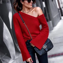 BIUBIU, женские вязаные футболки, одноцветные, с расклешенными рукавами, сексуальные, без бретелек, свободные топы, женские повседневные Весенние футболки, женские топы