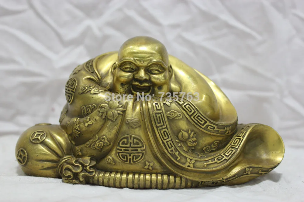

xiuli 00842 7'' China Folk Bronze Happy Laughing Buddha Statue Carry Money Bag