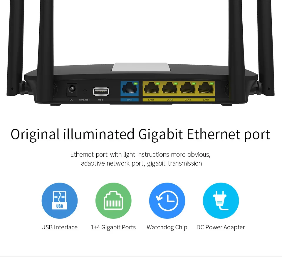 

1200Mbps Dual-band 1WAN+4 LAN Gigabit Wireless WiFi Router WiFi Repeater, 5GHz 867Mbps+ 300Mbps at 2.4GHz 4*6dbi Antenna Router